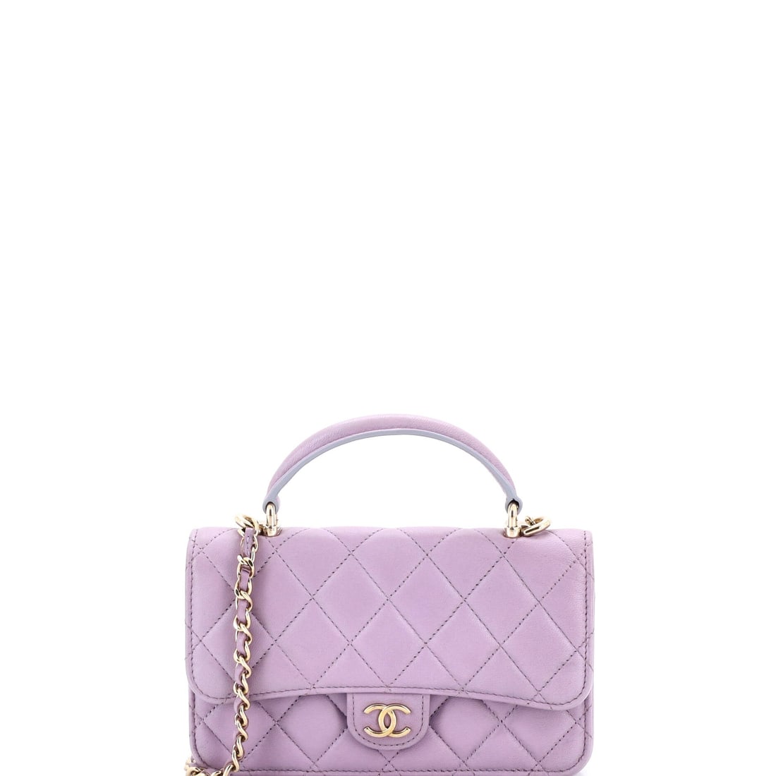 Chanel Classic Top Handle Flap Phone Holder with Chain Quilted Lambskin: Chanel Classic top-handle flap phone holder in quilted lambskin, sized to the phone and carried on chain. Phone holders have become the house's answer to the small-bag market, and they use full Classi