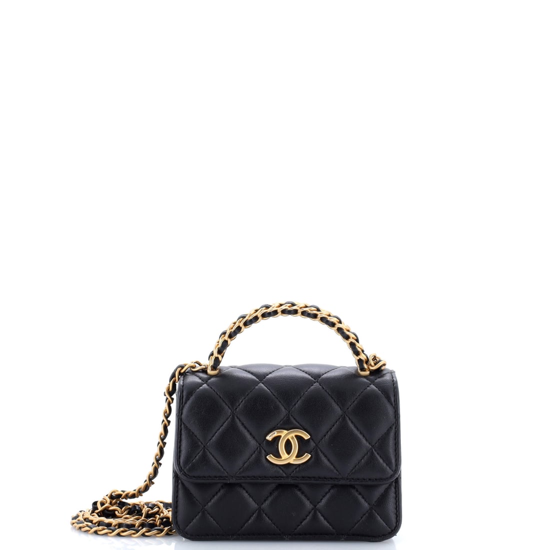 Chanel Woven Top Handle CC Flap Clutch on Chain Quilted Lambskin: Chanel woven top-handle CC flap clutch in quilted lambskin, with a plaited handle above the flap. It works as a clutch, a top-handle or a crossbody depending on how the chain is set. This is the Small