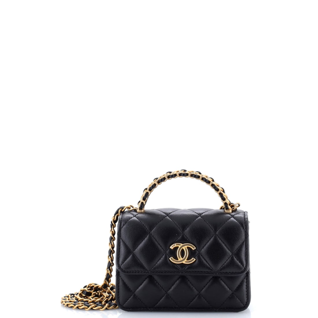 Chanel Woven Top Handle CC Flap Clutch on Chain Quilted Lambskin: This woven-handle clutch in quilted lambskin adds a hand-carry option to a chain piece. It works as a clutch, a top-handle or a crossbody depending on how the chain is set. At 5W x 3H x 2D inches, thi