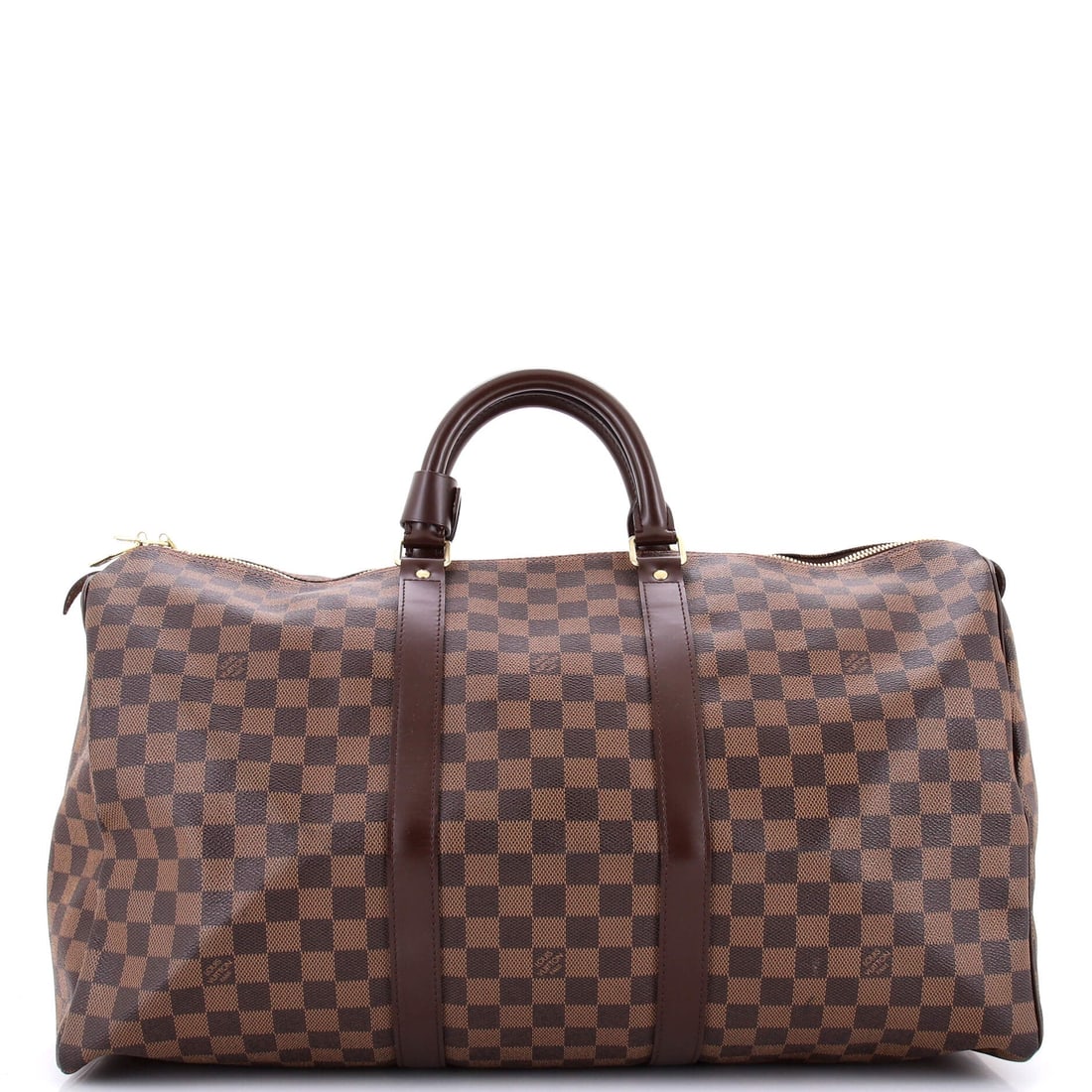 Louis Vuitton Keepall Bag Damier: At 20 in wide x 11 in high x 9 in deep, this Keepall sits squarely in weekender range, sized for two days of clothing and shaped to slide into an overhead bin. Damier canvas takes travel abrasion bett