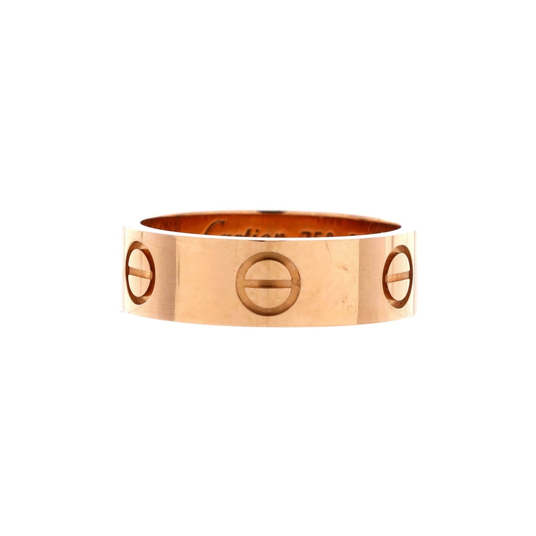Cartier Love Band Ring 18K Rose Gold: Stacked or worn solo, a Love band in 18K rose gold occupies the daily-wear slot in most collections. The 5.4 mm width lands in the middle of the range, broad across the screw motif and still slim unde