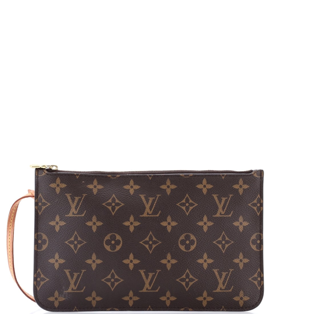 Louis Vuitton Neverfull Pochette Monogram Canvas: A flat pouch built as the removable insert for the Neverfull tote, with a single top zip and the attachment strap that clips it back into the parent bag. Dimensions run 10 in wide, 6 in high and 1 in 