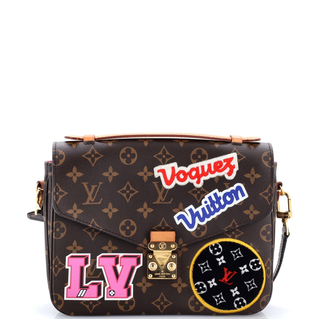 Louis Vuitton Pochette Metis Limited Edition Patches Monogram Canvas: Monogram canvas takes the patch treatment well, and this Pochette Metis carries a graphic surface that shifts as light moves across it. The structured body runs 10 in wide x 7.5 in high x 3 in deep an
