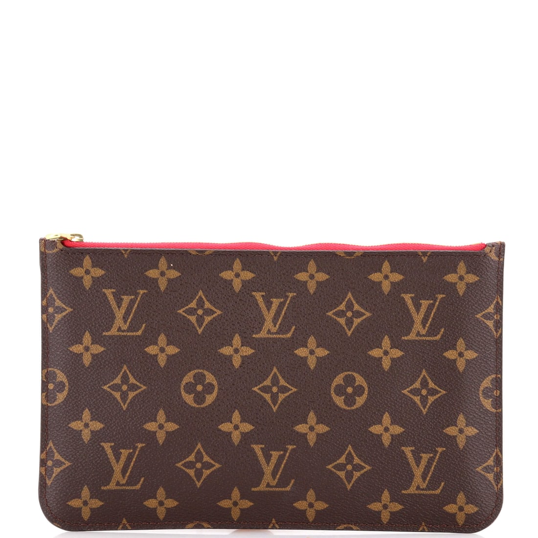 Louis Vuitton Neverfull Pochette Monogram Canvas: Bidders who already own a Neverfull tend to want this pouch as well, since it doubles as the tote's organizer and as a standalone evening carry. Built 10 in wide, 6.5 in high and 1 in deep, it lies fl