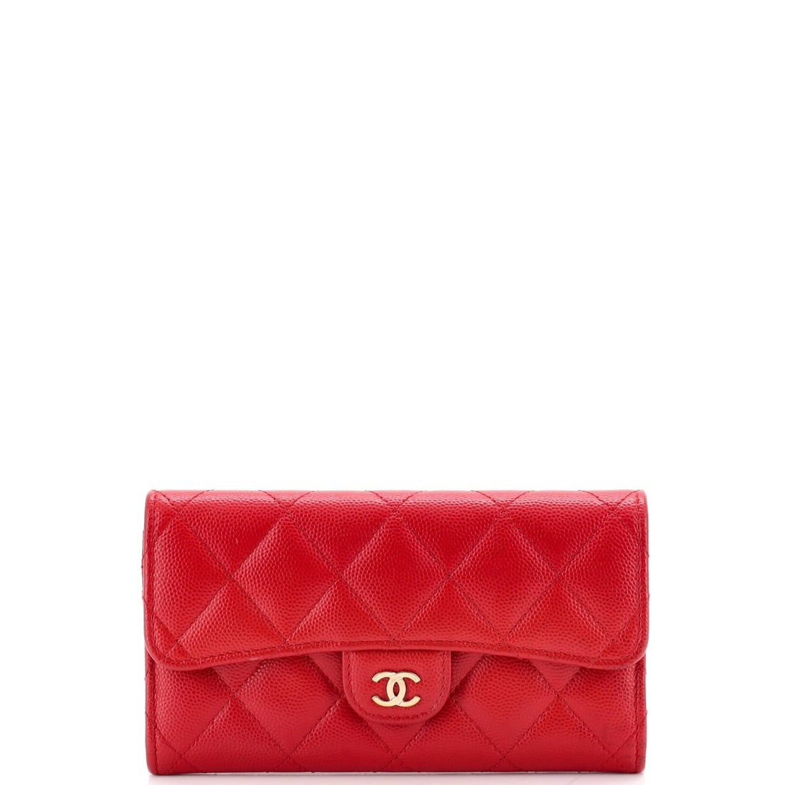 Chanel CC Gusset Classic Flap Wallet Quilted Caviar: Caviar leather does its best work on a wallet, since the pebbled grain shrugs off the marking that smooth lambskin records permanently and holds the quilting crisp through years of use. This one measu