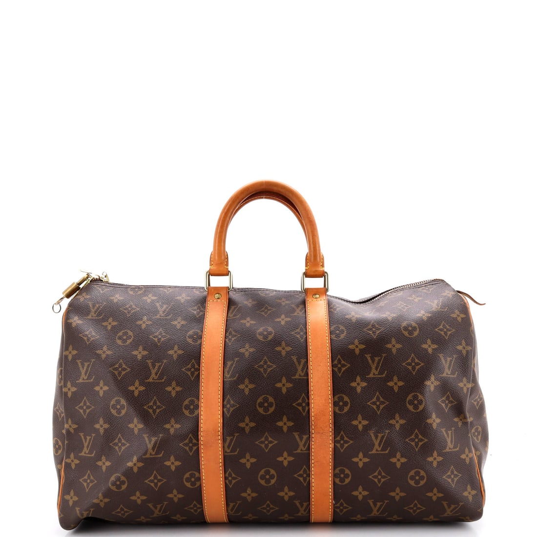 Louis Vuitton Keepall Bag Monogram Canvas: Coated Monogram canvas is what makes a travel bag like this work, shrugging off a luggage rack and wiping clean when it comes back from one. The smaller cut measures 17.5 in wide x 10 in high x 8 in d