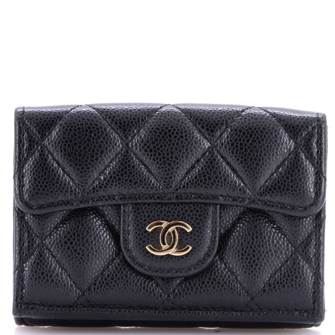 Chanel Trifold Classic Flap Wallet Quilted Caviar: Compact and flap-fronted, this trifold folds the Classic Flap idea down to 4 in wide, 2.5 in high and 1 in deep, a footprint that travels inside a larger bag and adds no bulk there. Quilted caviar is 