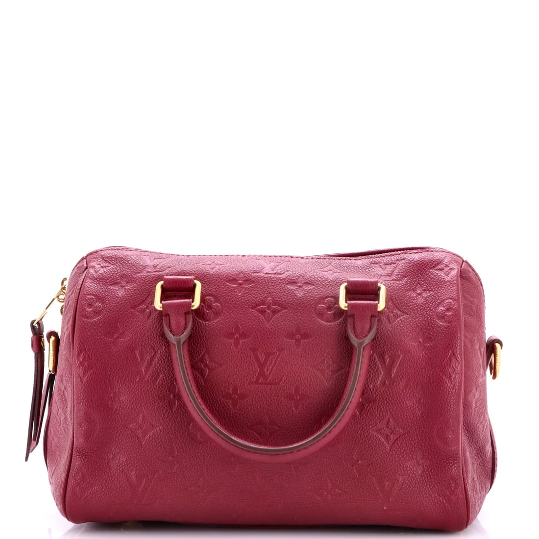 Louis Vuitton Speedy Bandouliere Bag Monogram Empreinte Leather: Twin rolled handles sit either side of a full-length zip on the Speedy Bandouliere, and the detachable strap adjusts through 11-21 in strap drop to shift the carry from hand to body. The bag measures 