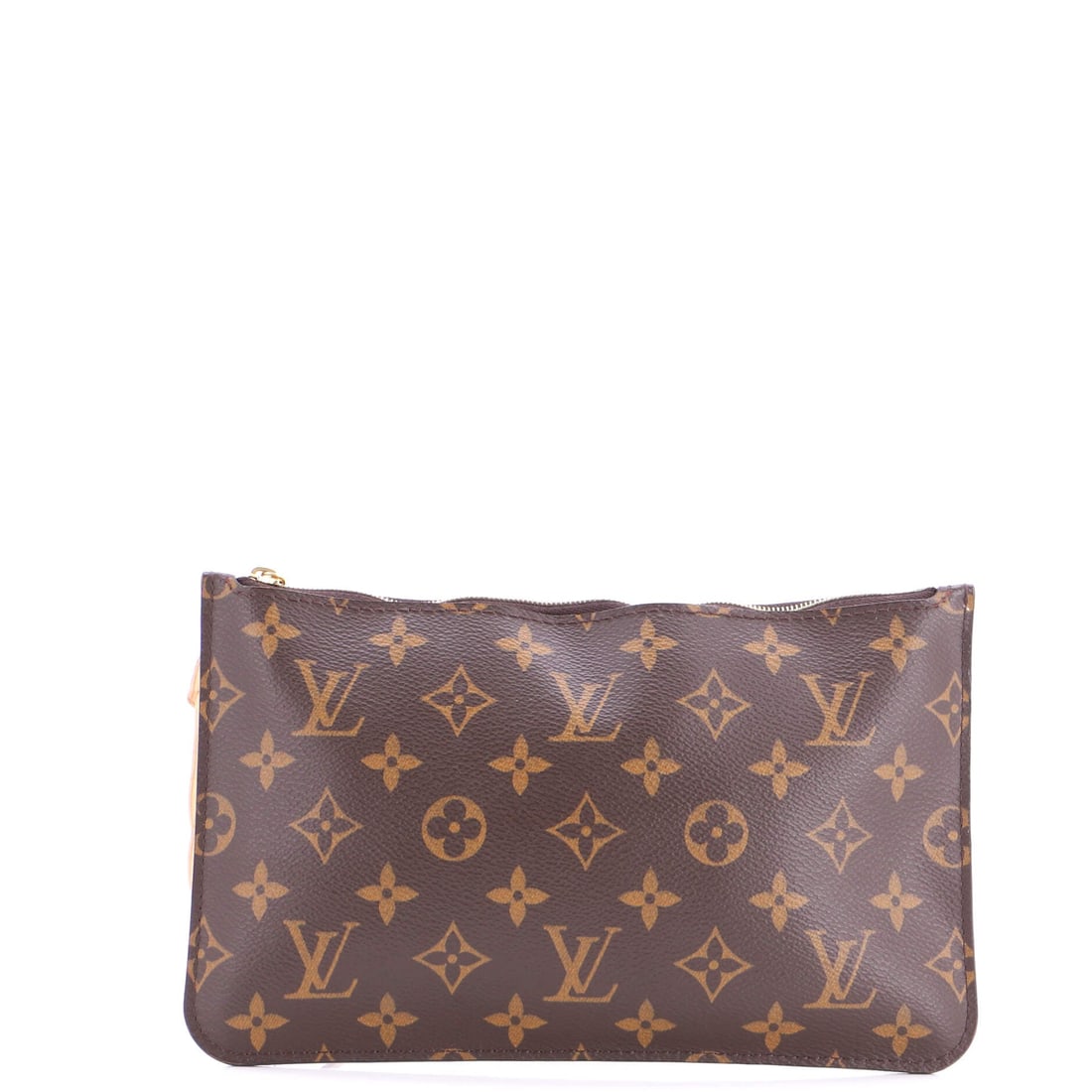 Louis Vuitton Neverfull Pochette Monogram Canvas: Coated canvas, a flat body and one zip: the design leaves itself no ornament, so print placement across the front does all the work. At 9.5 in wide, 6 in high and 1 in deep the pouch stays slim agains