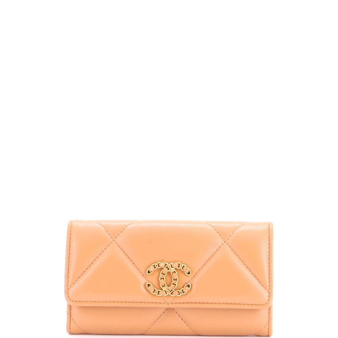 Chanel 19 Flap Wallet Quilted Lambskin: The oversized quilt is the whole story on the 19 line, a looser and larger diamond than the classic flap, and at wallet scale it turns almost graphic. Lambskin leaves the panels plush while the flap a