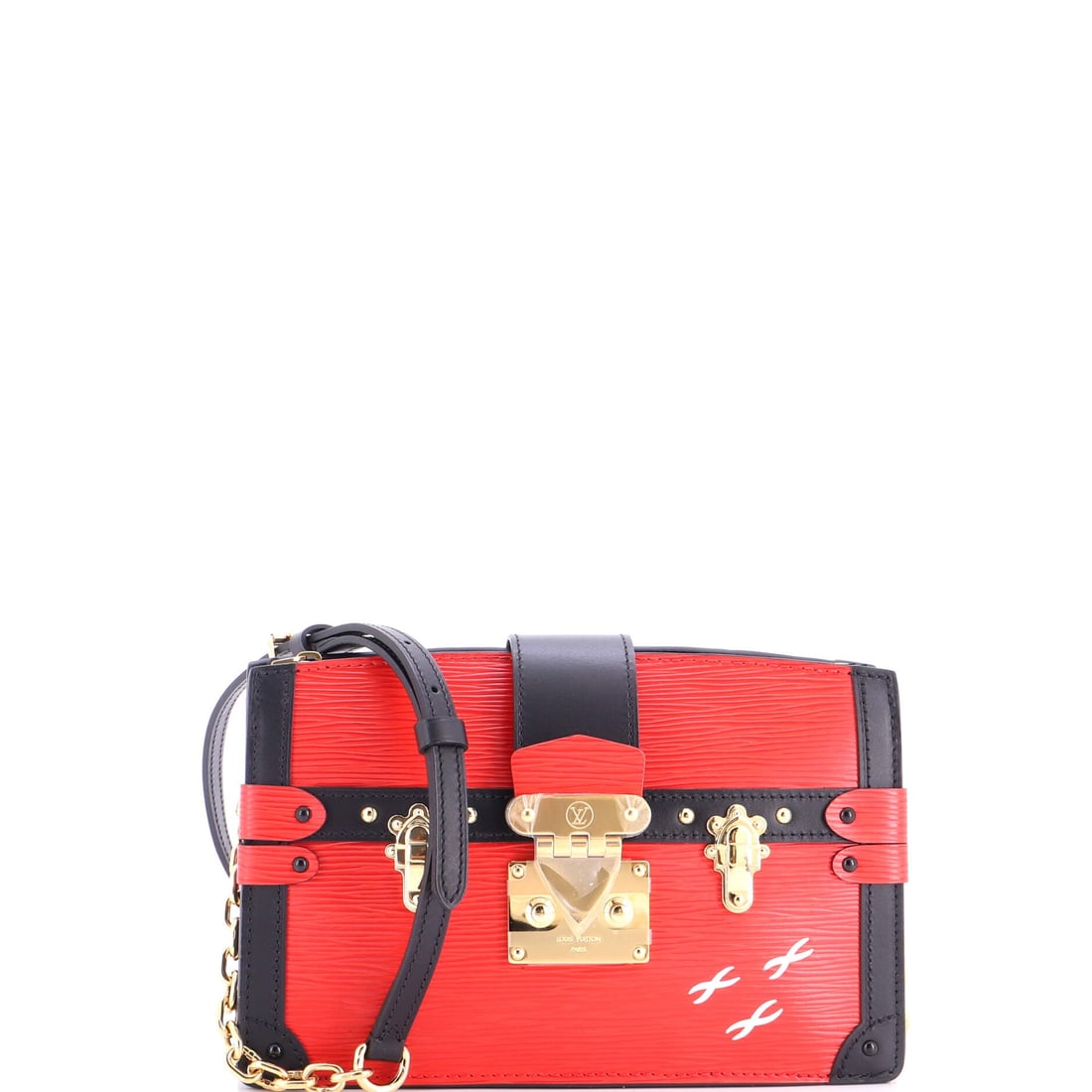 Louis Vuitton Trunk Clutch Epi Leather: Trunk-style hardware fronts the flap, and that latch detail is what separates the Trunk Clutch from a plain envelope. Epi leather holds the 8.5 in wide, 6 in high, 2 in deep case rigid, so the shape s