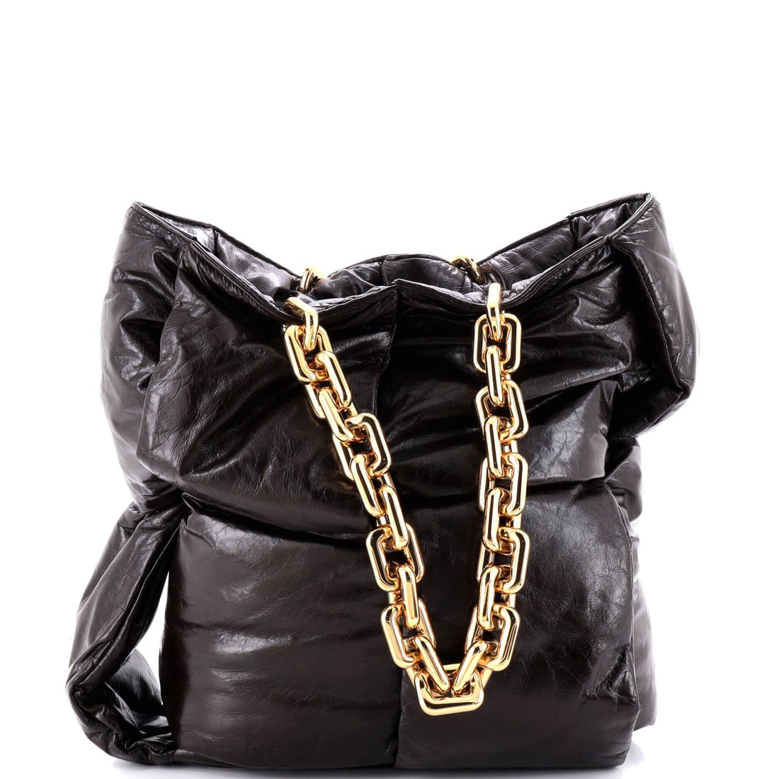 Bottega Veneta Puffy Chain Tote Padded Maxi Intrecciato Leather: Bottega Veneta's Puffy Chain Tote takes maxi Intrecciato and pads every strand until the weave stands off the surface. Scale carries the rest of it: 13 in wide, 16.5 in high and 5.5 in deep gives a ve
