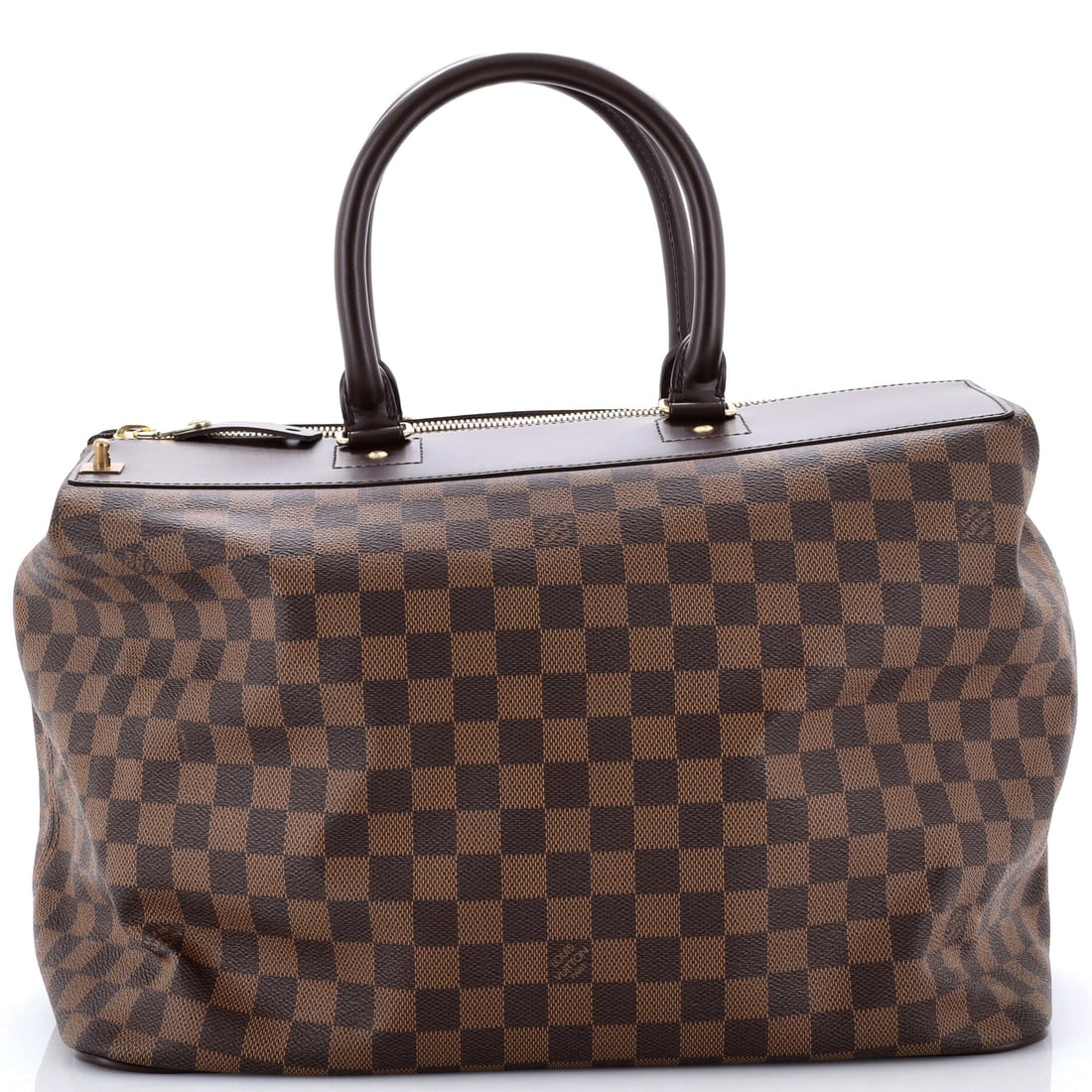 Louis Vuitton Greenwich Travel Bag Damier: Twin top handles with a 6 in drop are the working carry on the Greenwich, sized for a packed bag lifted in and out of cars and overhead bins. Damier coated canvas absorbs the knocks of transit better 
