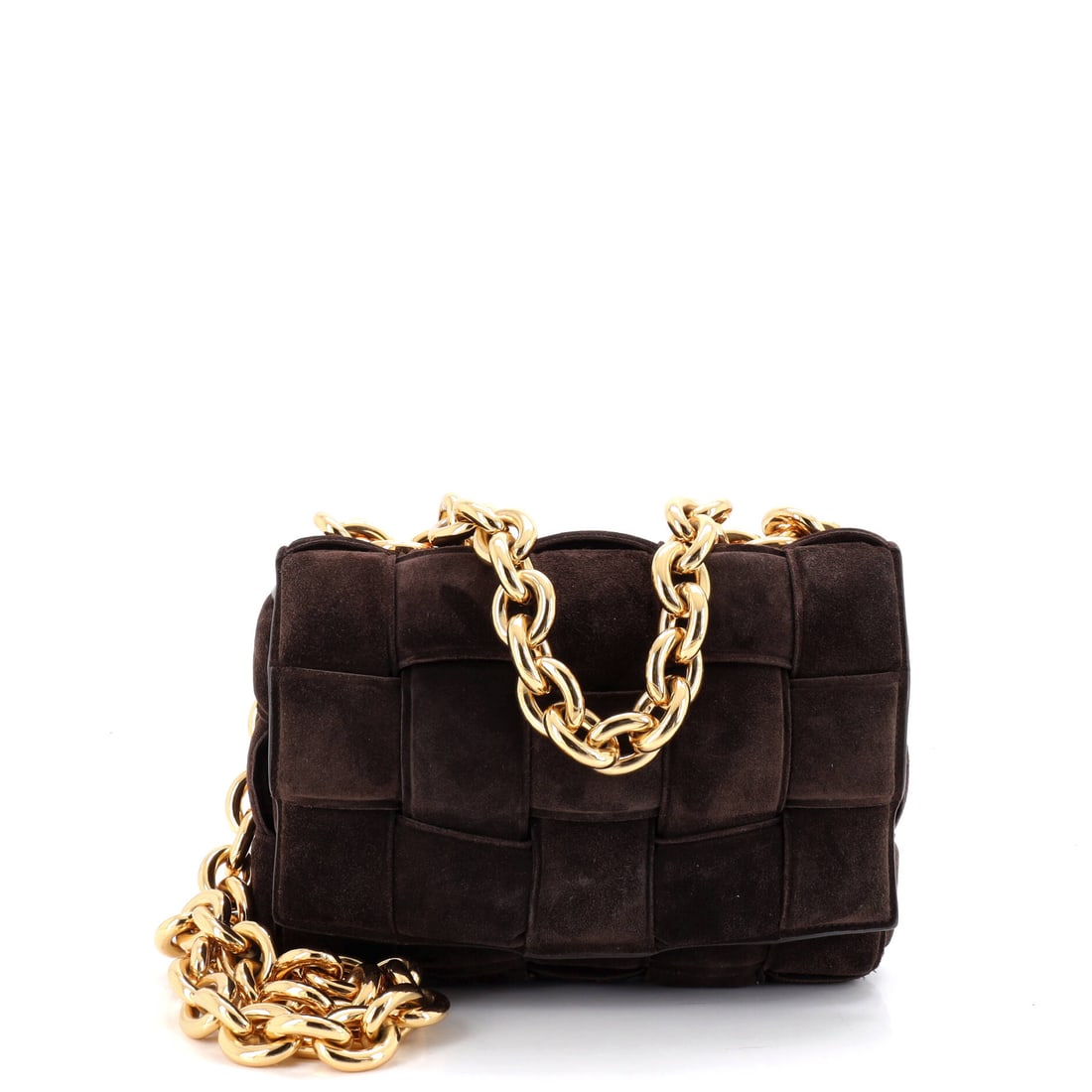 Bottega Veneta Cassette Chain Crossbody Bag Padded Maxi Intrecciato Suede: Suede changes the character of padded maxi Intrecciato completely, matte where nappa is glossy and so soft that the weave behaves like cushioning more than construction. At 10 in wide x 7 in high x 3 