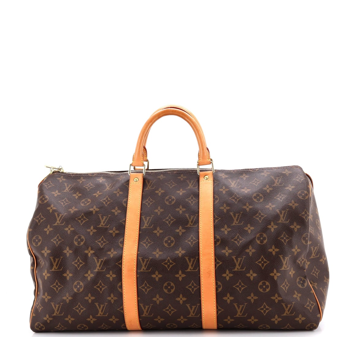 Louis Vuitton Keepall Bag Monogram Canvas: Designed as a soft travel bag that folds flat once empty, the Keepall gives back its own storage space at the end of a trip. Canvas over an unstructured body means 19 in wide x 11 in high x 9 in deep 