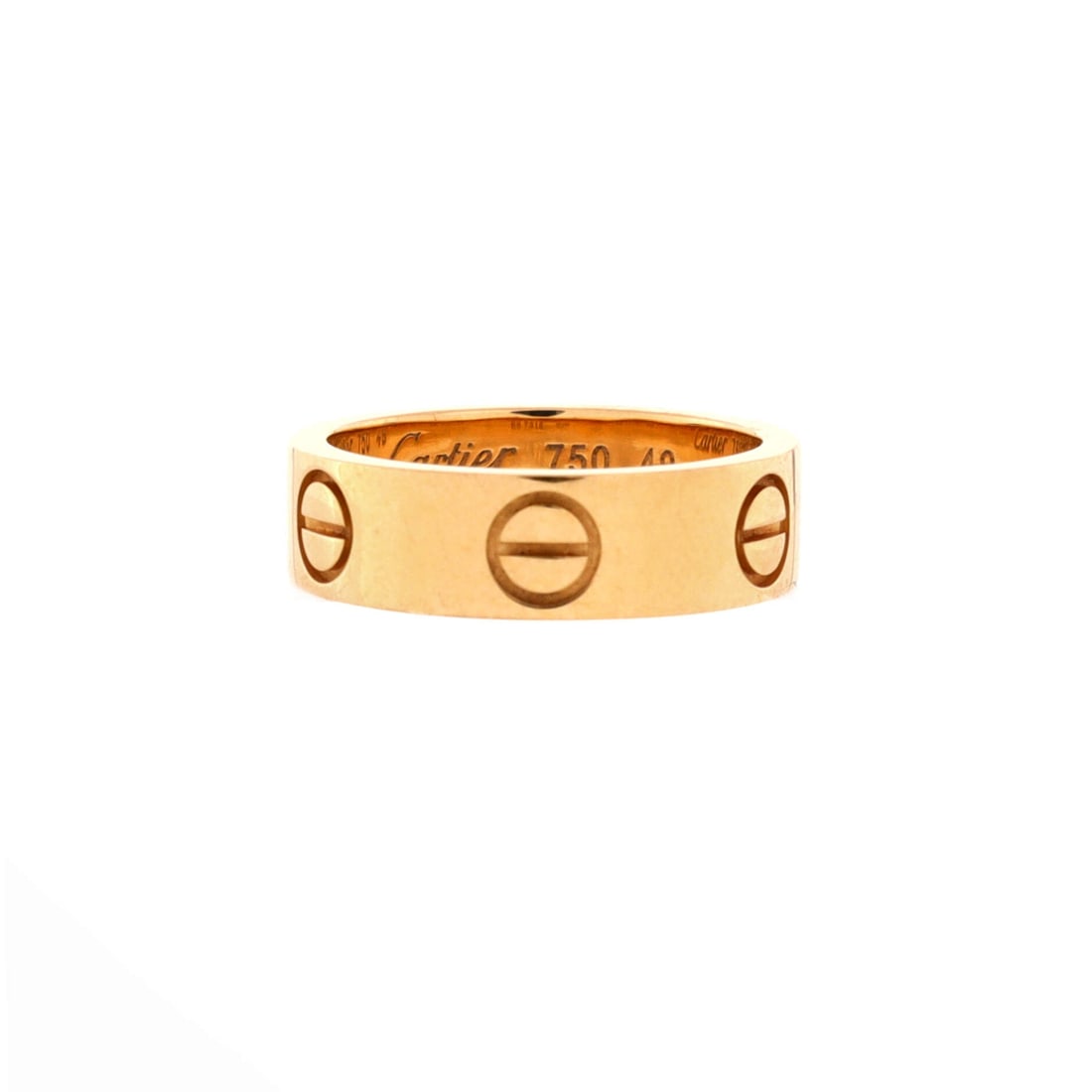 Cartier Love Band Ring 18K Yellow Gold: Cartier's Love band carries the screw motif right around the circumference, the detail that makes the design legible from across a room. The band width of 5.30 mm in 18K yellow gold gives enough prese