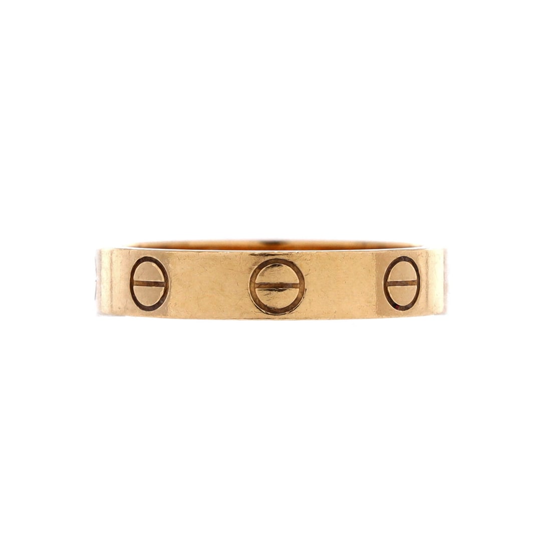 Cartier Love Wedding Band Ring 18K Yellow Gold: Flat outer face, narrow shank, and the ring of screw heads that gives the Love line its outline. Cut to band width 3.4 mm in 18K yellow gold, it lands at working everyday width. Grade awarded: Grade D