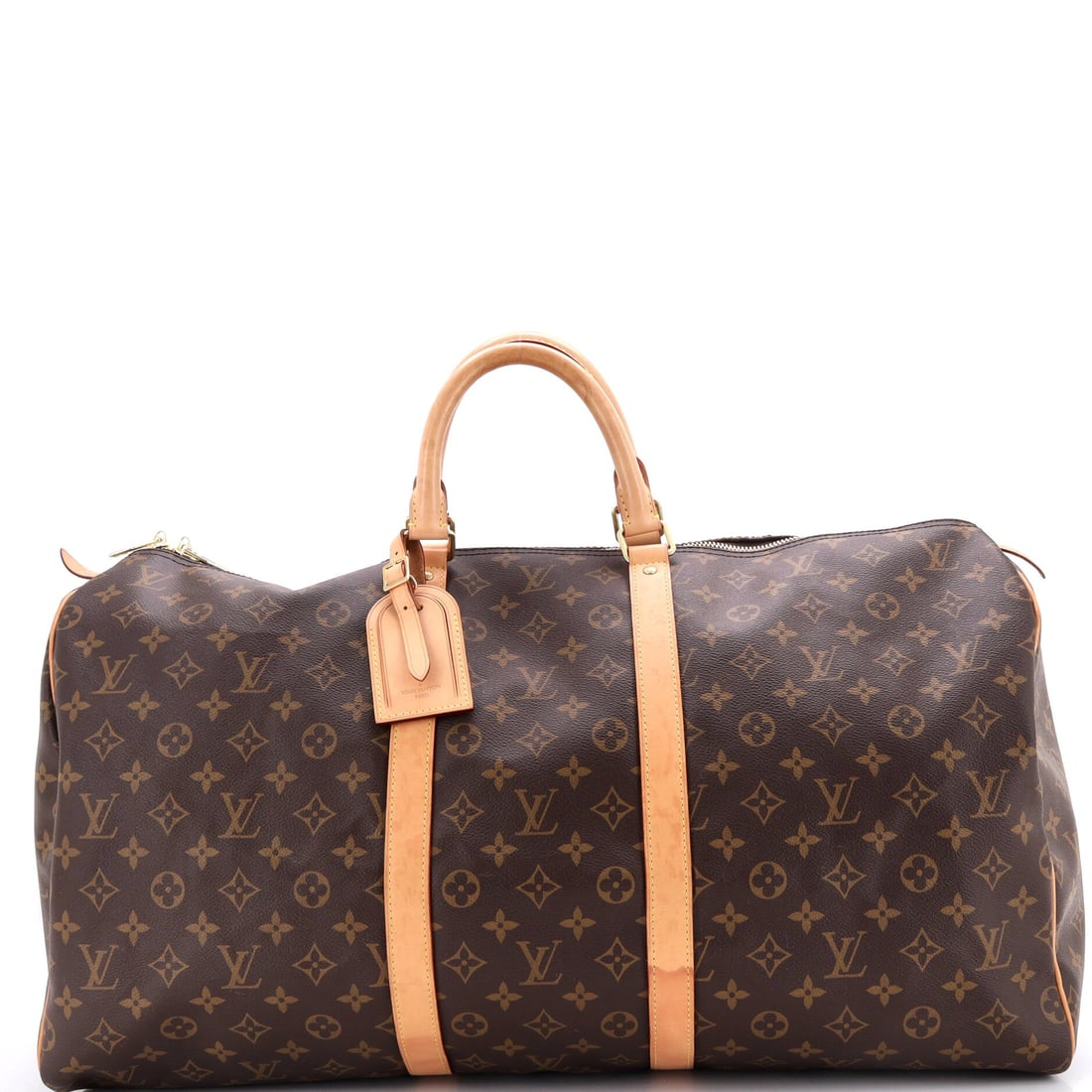 Louis Vuitton Keepall Bag Monogram Canvas: Nine inches of depth changes the character of this duffel, turning 21.5 in wide x 12 in high x 9 in deep into a proper barrel once packed. Empty, the same panels collapse and the whole thing stores aw