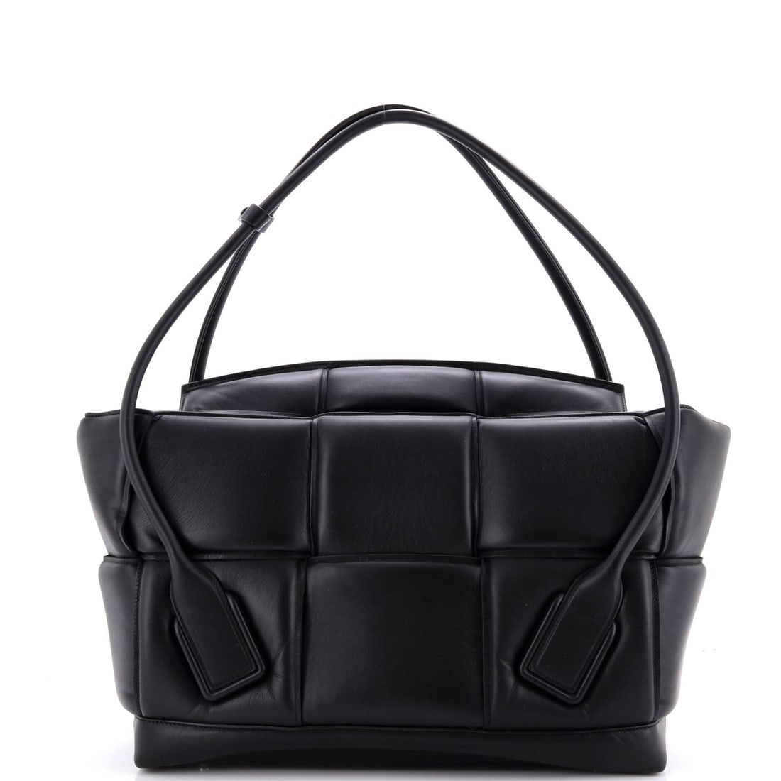 Bottega Veneta Arco Bag Padded Maxi Intrecciato Leather: Almost square in the body and open across the top, the Arco holds tote geometry at 15 in wide x 14 in high x 5.5 in deep. Scaling the weave up to maxi changes its whole character, turning a fine latti