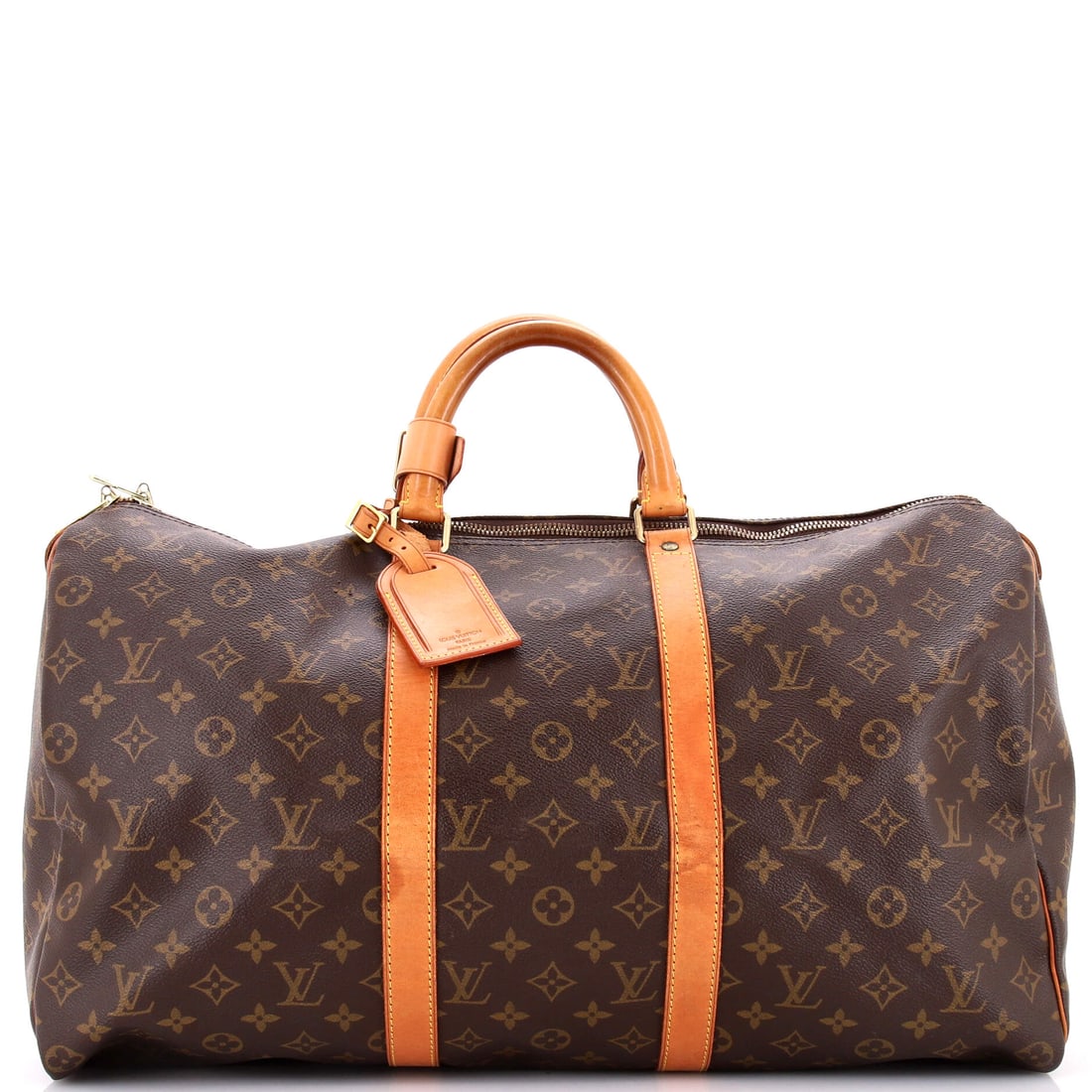 Louis Vuitton Keepall Bag Monogram Canvas: One continuous zip and two rolled handles are close to the whole mechanism of a Keepall, which is why so few of them ever fail. Measurements of 20.5 in wide x 11 in high x 9 in deep make this a cabin-