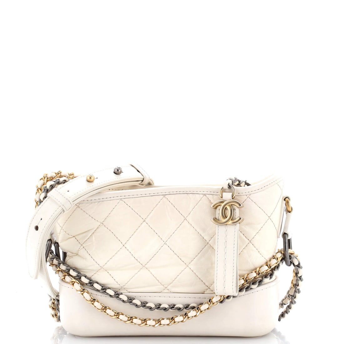 Chanel Gabrielle Hobo Quilted Aged Calfskin: Small-format Gabrielle Hobo, defined by a strap that does two jobs, hanging at a 16 in handle drop over the shoulder or dropping 27 in across the body. Quilted aged calfskin over a compact 8 in wide x