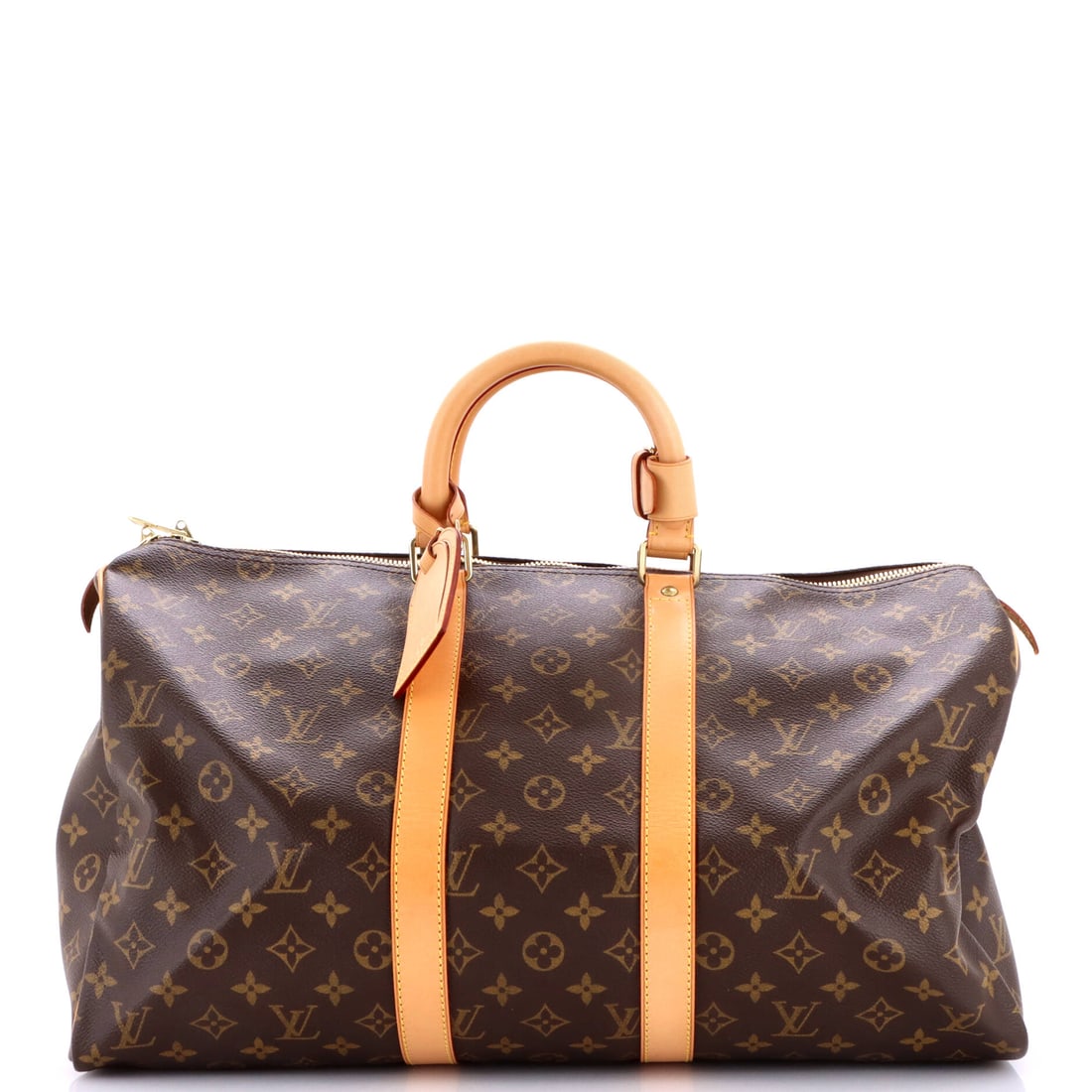 Louis Vuitton Keepall Bag Monogram Canvas: This is the compact Keepall, 18 in wide x 10 in high x 8 in deep, an overnight bag and not a week away. Handles carry a 4 in drop, and the short 5 in strap drop sits high on the shoulder. Monogram can