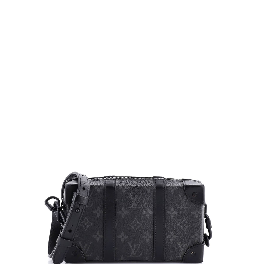 Louis Vuitton Soft Trunk Wallet Monogram Eclipse Canvas: A strap drop of 17.5-20.5 in lets the Soft Trunk Wallet ride as a crossbody, which is how the model is generally worn. Monogram Eclipse canvas wraps the flattened trunk outline across 8.5 in wide x 5 