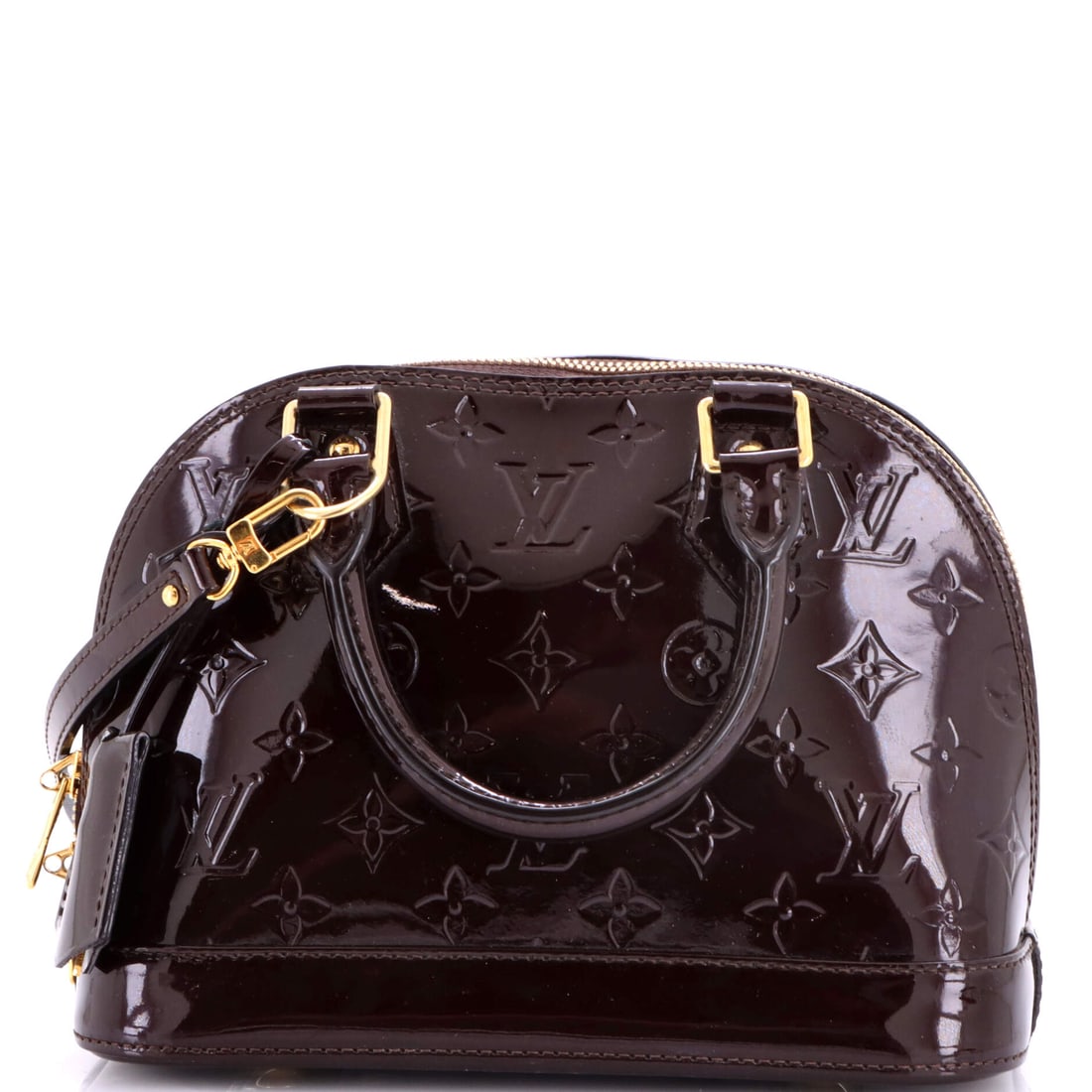 Louis Vuitton Alma Handbag Monogram Vernis: Handle spacing matters on this shape, and the pair sits close enough at a 4 in drop to lift the bag level rather than lopsided. Assessed at Grade C - Very Good. Measured at 9.5 in wide, 7 in high and 