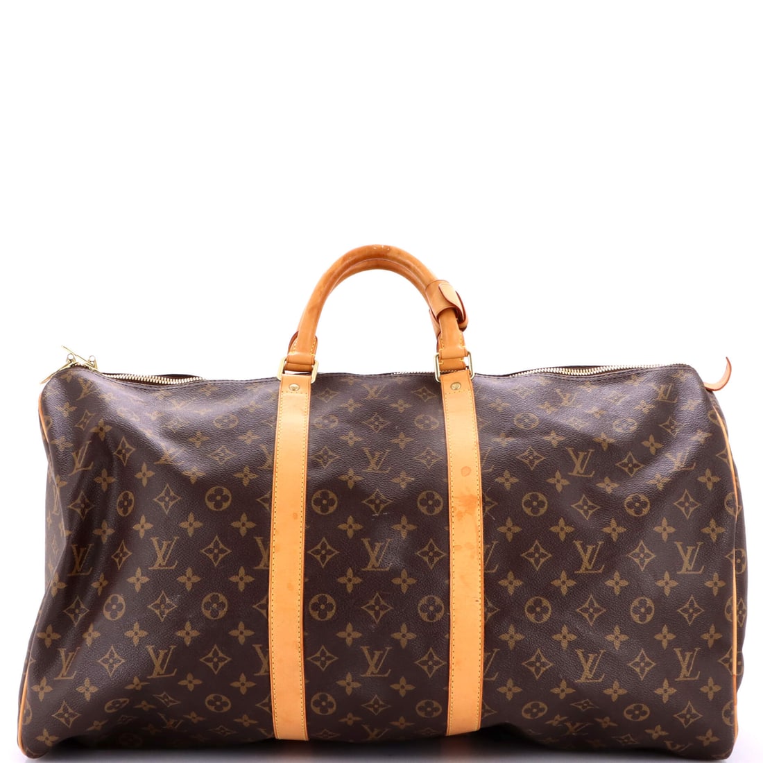 Louis Vuitton Keepall Bag Monogram Canvas: A zip that opens end to end is this model's defining move, laying the bag wide so nothing has to be forced through a narrow mouth. The 22 in wide x 12 in high x 9 in deep body carries a couple of nigh