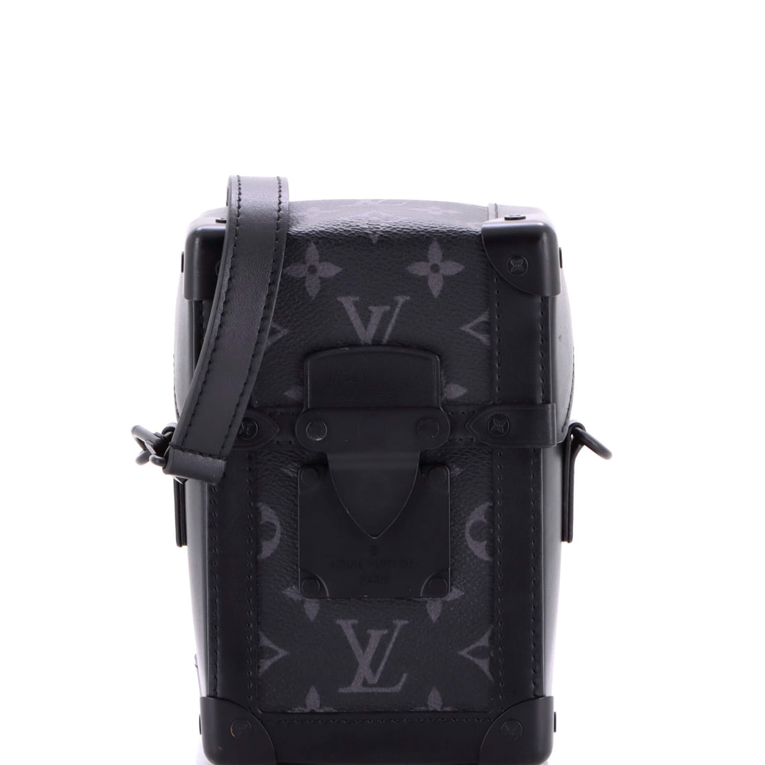 Louis Vuitton Vertical Trunk Wearable Wallet Monogram Eclipse Canvas: Eclipse canvas holds the vertical trunk silhouette to luggage in miniature, the pattern set across a boxy face. As a wearable wallet it measures 5 in wide x 7 in high x 3 in deep, sized for cards,