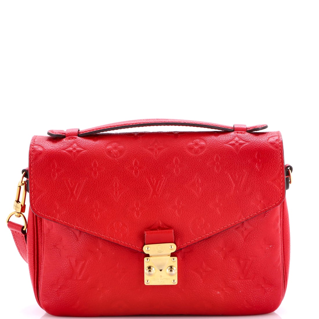 Louis Vuitton Pochette Metis Monogram Empreinte Leather: The S-lock flap is the Metis signature, a turn-and-release closure that opens with one hand and leaves the front panel uncluttered. This example runs 8.5 in wide x 7 in high x 3 in deep, and with