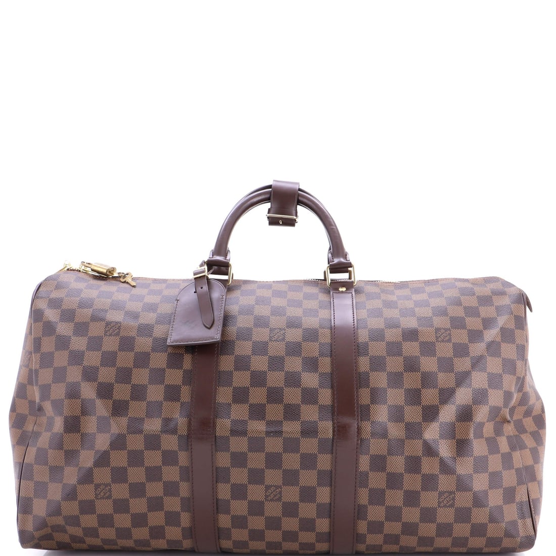 Louis Vuitton Keepall Bag Damier: Keepall duffel in Damier canvas, and the defining feature is an absence of structure, with a soft-sided body that packs down flat when empty. It measures 20 in wide x 11 in high x 9 in deep, with a 4