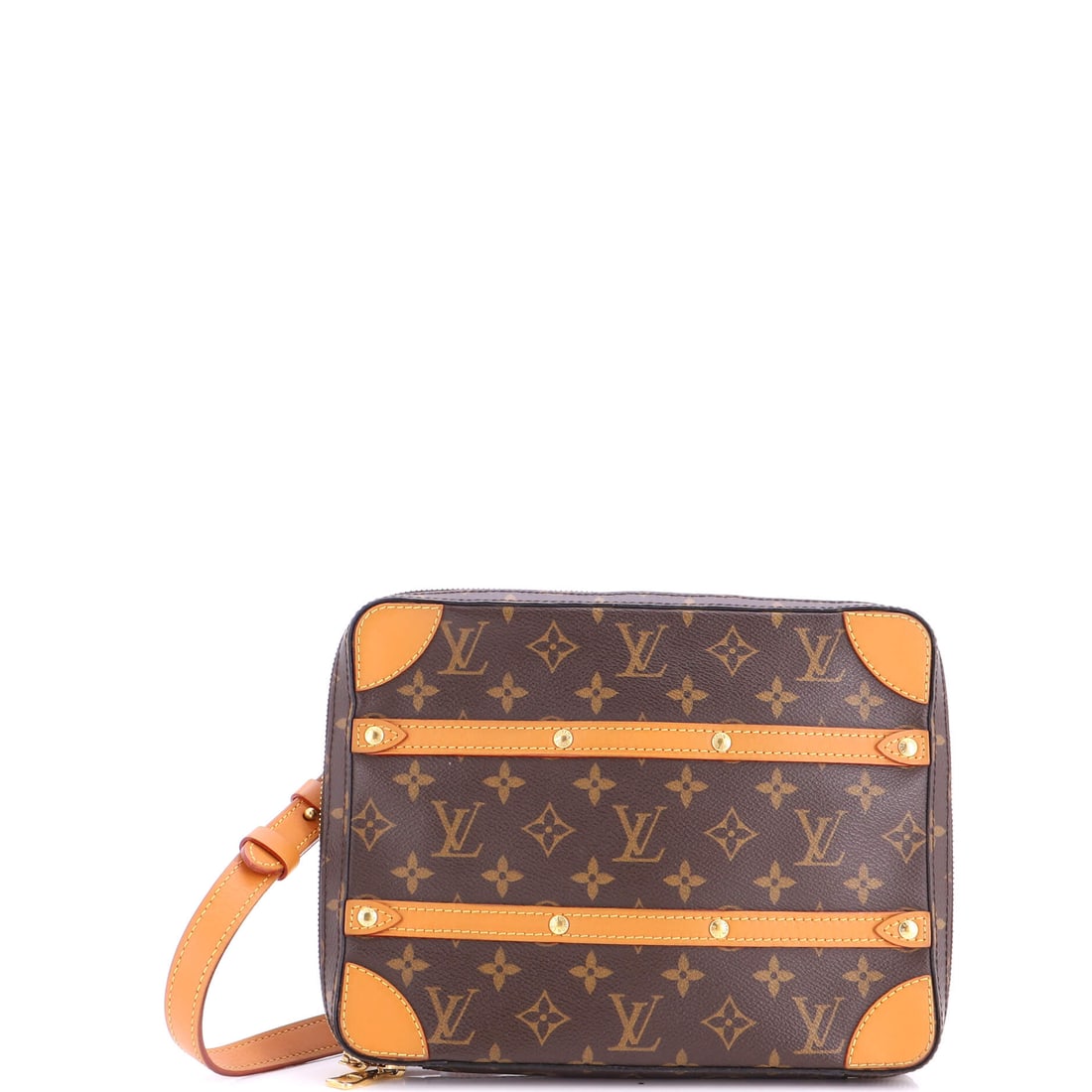Louis Vuitton Soft Trunk Messenger Bag Monogram Canvas: Made to carry flat, the Soft Trunk Messenger runs 10 in wide x 8 in high x 2 in deep, closer to document depth than day-bag depth. A 20 in strap drop wears it high on the torso where a slim bag holds 