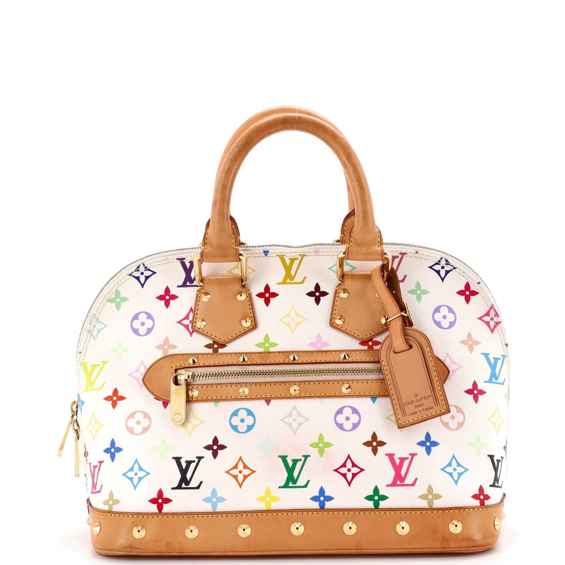 Louis Vuitton Alma Handbag Monogram Multicolor: Domed top, flat base, a zip running the length of the arch: the Alma outline registers before the Multicolor Monogram does. That print flattens the formality of the shape, turning a structured