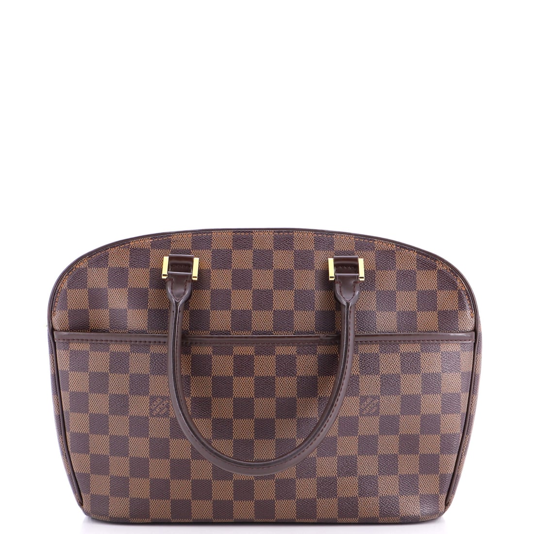 Louis Vuitton Sarria Handbag Damier: Damier canvas over a rigid frame, with trim leather taking the corners where a soft bag would collapse. Handles sit on flat anchors and drop 5.5 in, a length that puts the hand first. Dimensions of