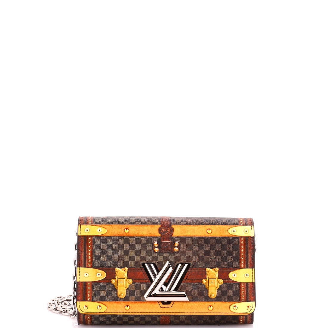 Louis Vuitton Twist Chain Wallet Limited Edition Damier Time Trunk: Collectors of the Twist line follow the limited edition prints, and Time Trunk on Damier belongs to the graphic runs rather than the plain canvases. Grade C - Very Good on the Maison scale. The chain 