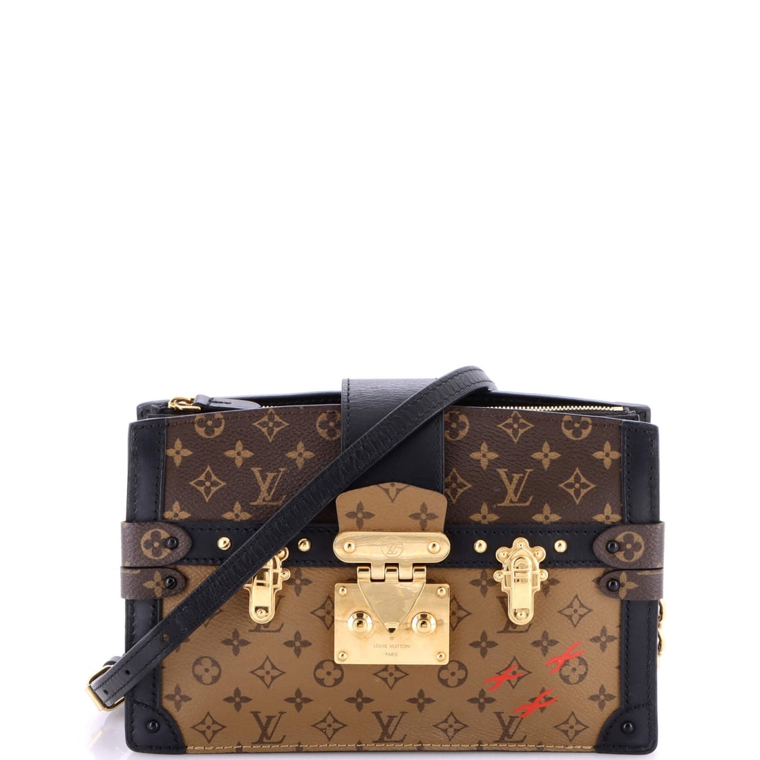 Louis Vuitton Trunk Clutch Reverse Monogram Canvas: A removable strap is what makes the Trunk Clutch more than an evening object, dropping 21-23 in for crossbody wear and coming off entirely when the flap and lock should carry the whole front. Reverse
