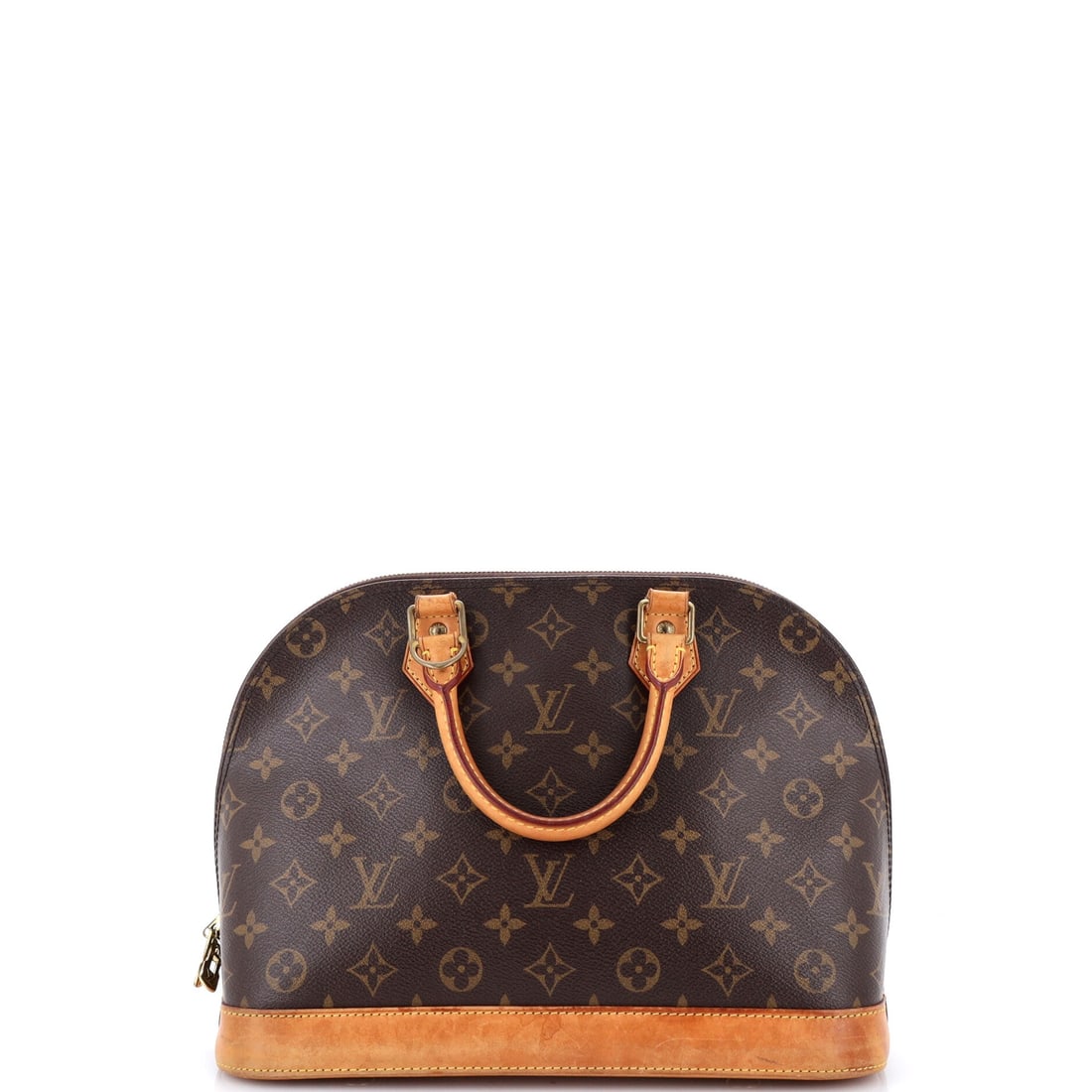 Louis Vuitton Alma Handbag Monogram Canvas: This Alma runs the larger footprint at 12.5 in wide x 9 in high x 6 in deep, the version that treats the model as a working handbag rather than a small dressy one. Structure separates it: coated canva