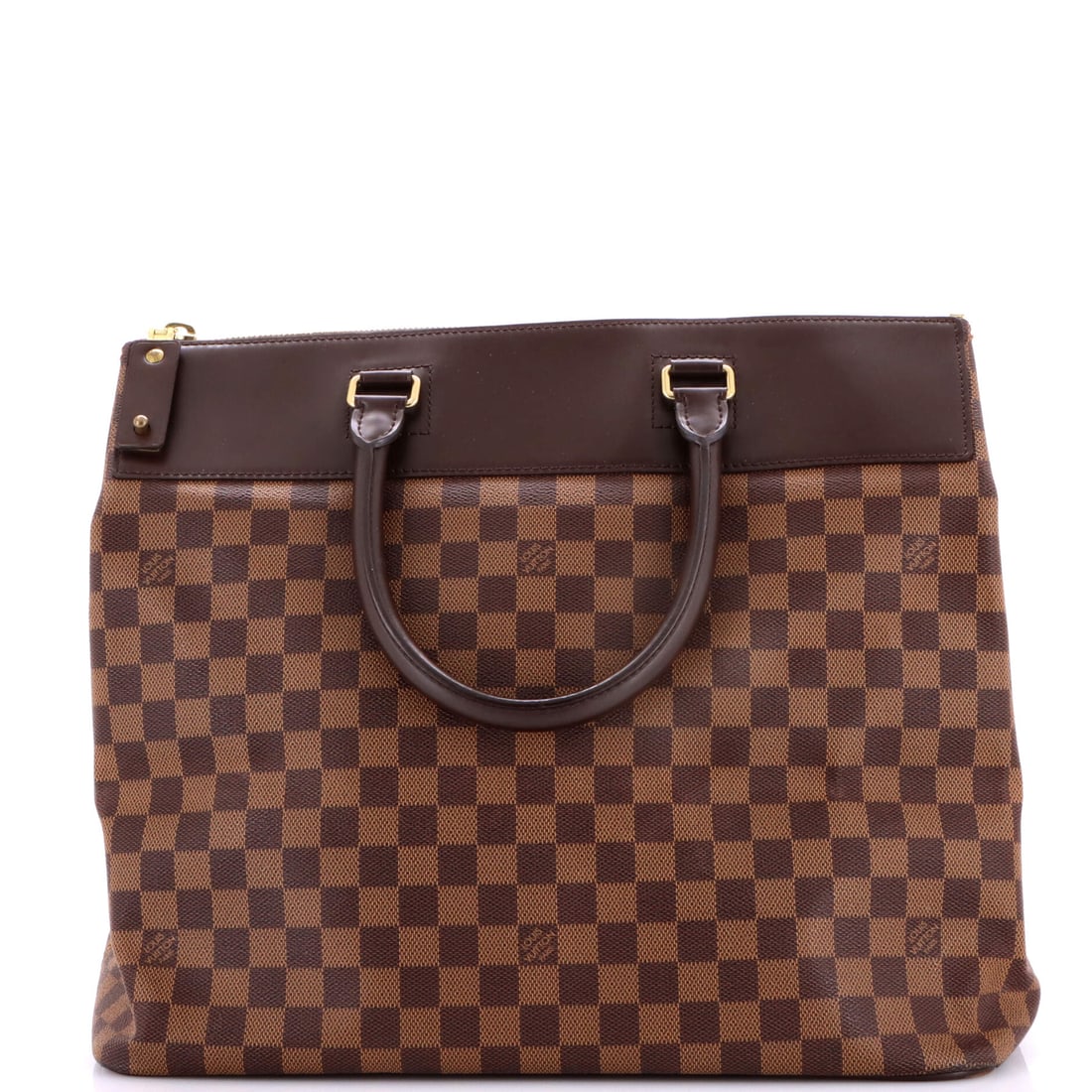 Louis Vuitton Greenwich Travel Bag Damier: The Greenwich was drawn for a couple of nights away, a structured rectangle that stacks packed contents in place. Its 15 in wide x 13 in high x 9 in deep body handles that much clothing, and 6 in of