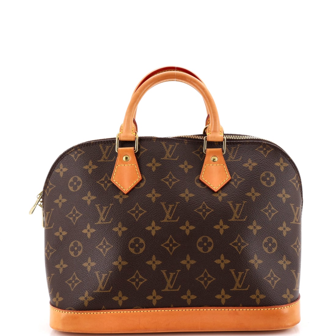 Louis Vuitton Alma Handbag Monogram Canvas: Two zip pulls travel from either side of the top and meet in the middle, the closure that lets the Alma open flat to its full 11.5 in wide x 9 in high x 6 in deep interior. Nothing else interrupts