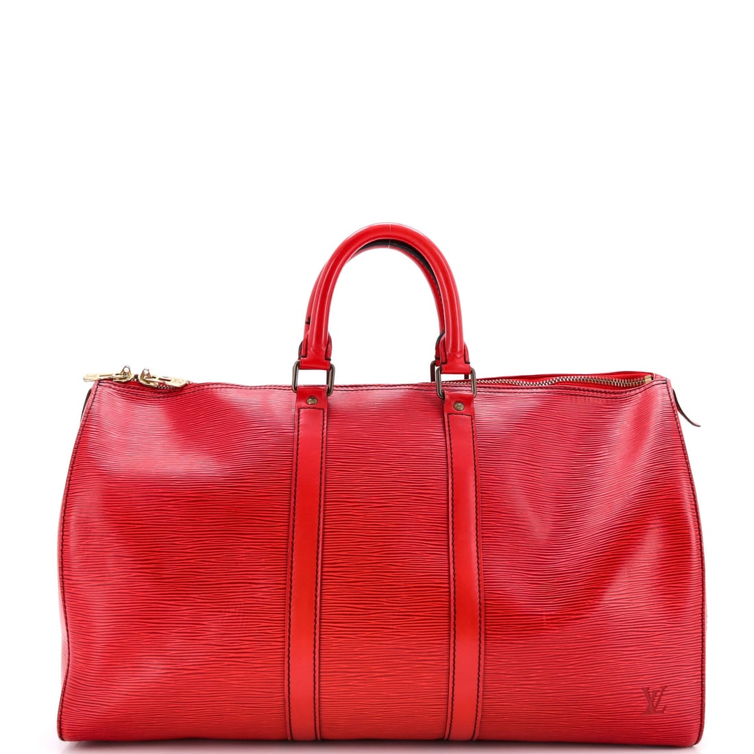 Louis Vuitton Keepall Bag Epi Leather: Keepall's smaller frame is the one that actually travels, and this Epi version measures 18.5 in wide, 11 in high and 8 in deep. Structured leather means the silhouette holds whether the bag is packed