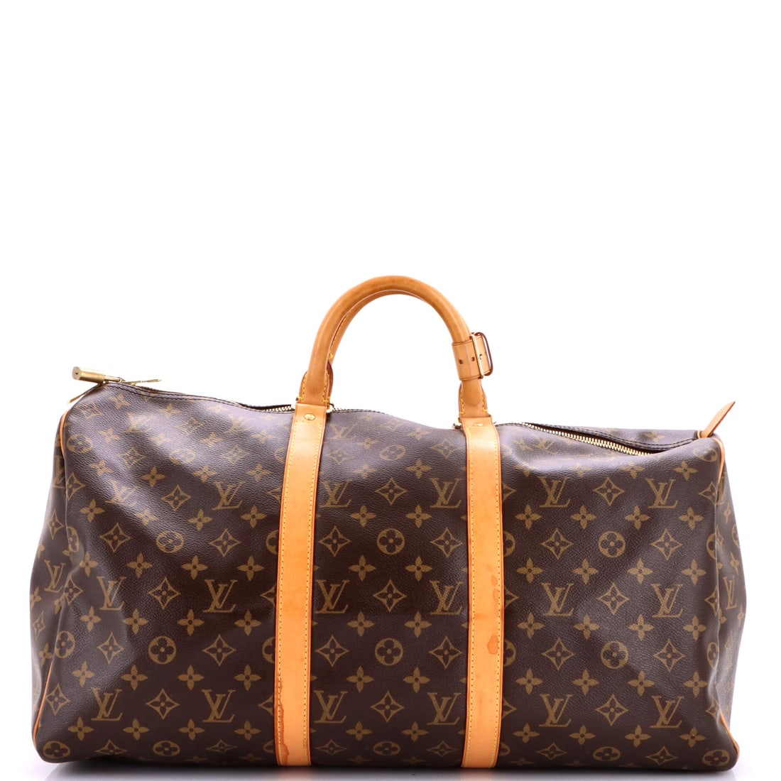 Louis Vuitton Keepall Bag Monogram Canvas: Canvas does something leather cannot on a travel bag, which is take a full load without stretching at the seams or adding weight of its own. Across 19.5 in wide x 11 in high x 9 in deep that matters,