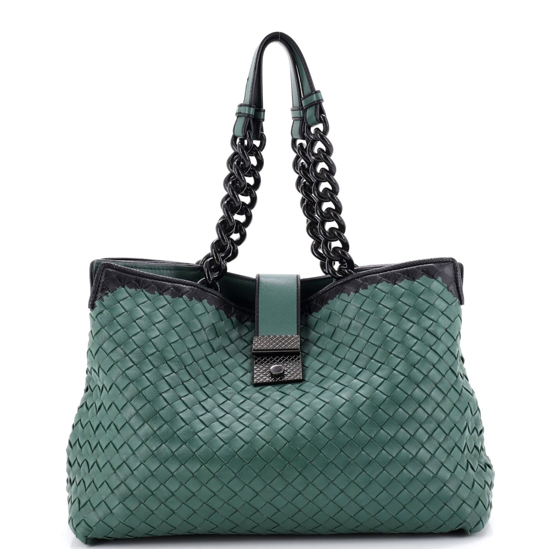 Bottega Veneta Roma Bag Intrecciato Nappa: Everyday hauling is the Roma's actual job, and 14 in wide x 9.5 in high x 7 in deep is the size where that becomes obvious. This one comes in at Grade C - Very Good. Handles at 5.5 in get it out the d