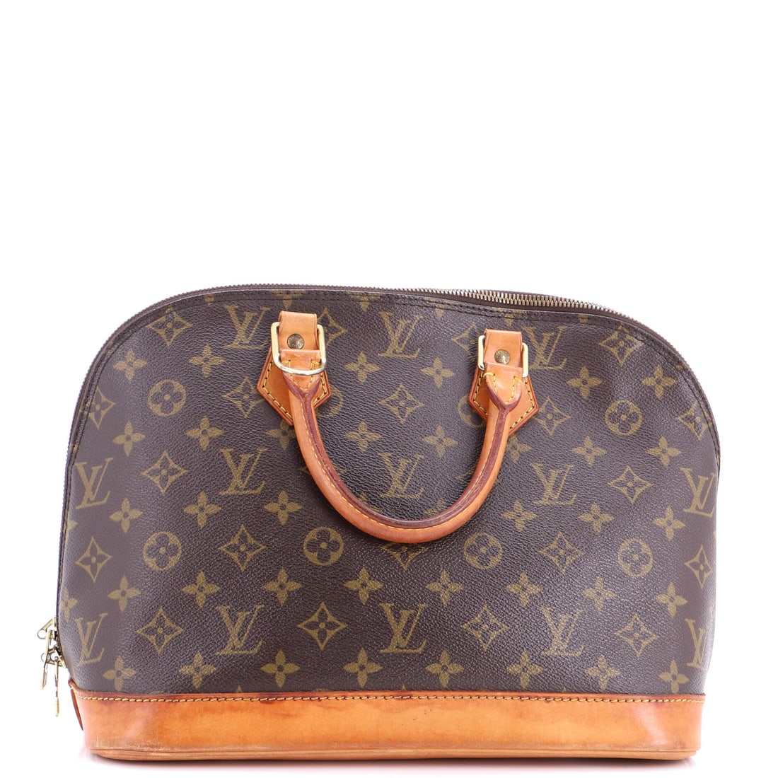 Louis Vuitton Vintage Alma Handbag Monogram Canvas: Rounded shoulders and a broad flat bottom give the Alma a formal outline from any angle, the dome cut by a zip that opens the whole top. Coated Monogram canvas takes the weight out of a bag this size.