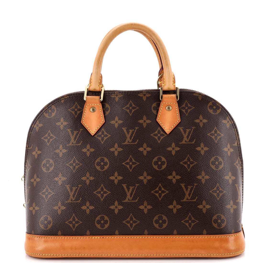 Louis Vuitton Alma Handbag Monogram Canvas: Domed top, tapered sides, flat base: the Alma outline is one of the few in Monogram canvas that stands unaided on a shelf. At 12 in wide x 9 in high x 6 in deep the bag comes across as fully grown, wi
