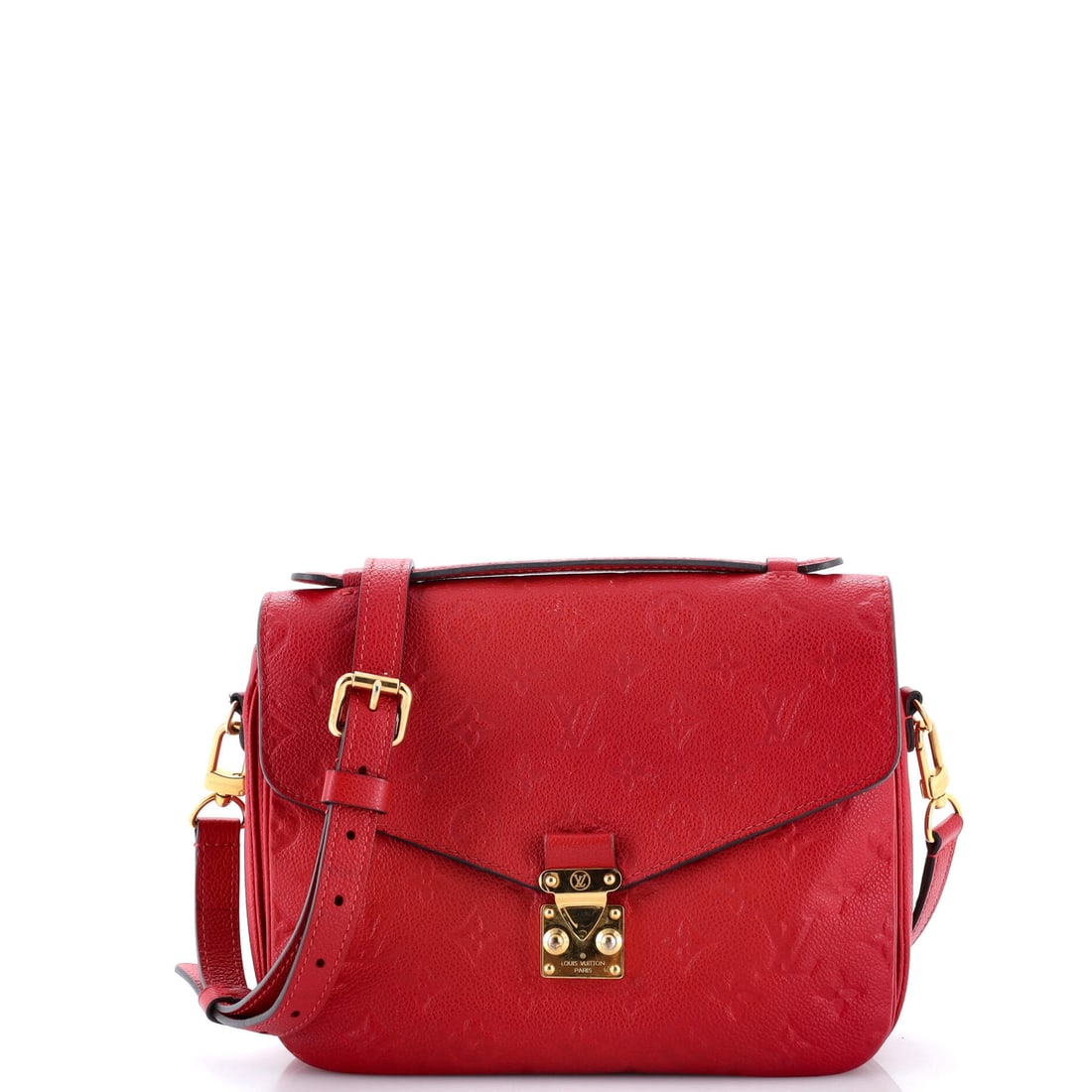 Louis Vuitton Pochette Metis Monogram Empreinte Leather: Made to carry a day's essentials in place of a tote, the Pochette Metis divides its 10 in wide x 8 in high x 3 in deep body into upright sections that stop small things from pooling at the base. The s