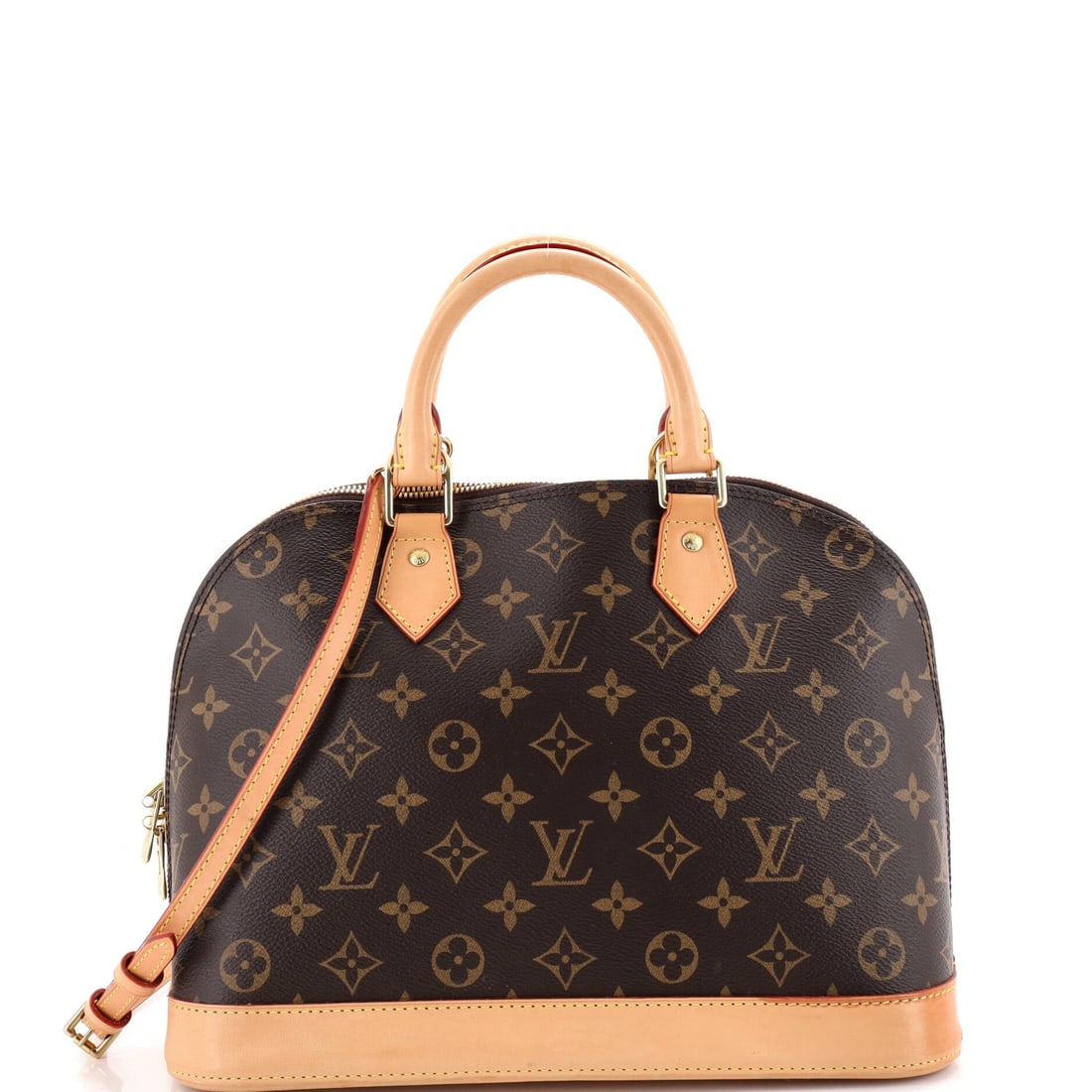 Louis Vuitton Alma Handbag Monogram Canvas: Zippers do the work on the Alma, a pair of them meeting at the crown of the dome so the opening runs the whole length of the top. Once open, 12 in wide x 9 in high x 6 in deep is easy to see into and 