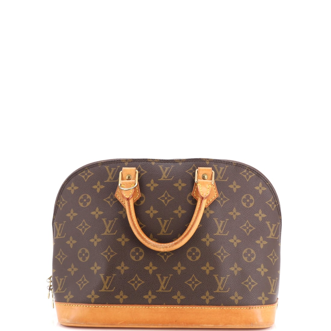 Louis Vuitton Alma Handbag Monogram Canvas: Shape retention is what the Alma gets judged on, and the canvas body over a firm base is what stops the dome folding inward. Graded here as Grade D - Good. The mid-size build measures 12 in wide x 9 i