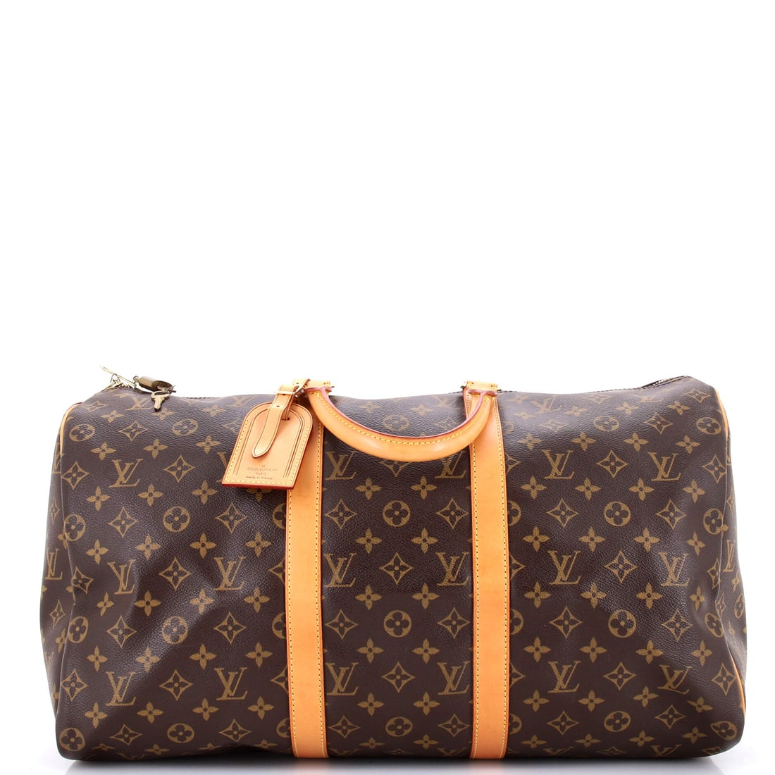 Louis Vuitton Keepall Bag Monogram Canvas: Proportion is what puts this cut in demand, and 19 in wide x 11 in high x 9 in deep takes three days of clothes with none of a suitcase's look. Height and depth stay in balance, so the bag stands upri
