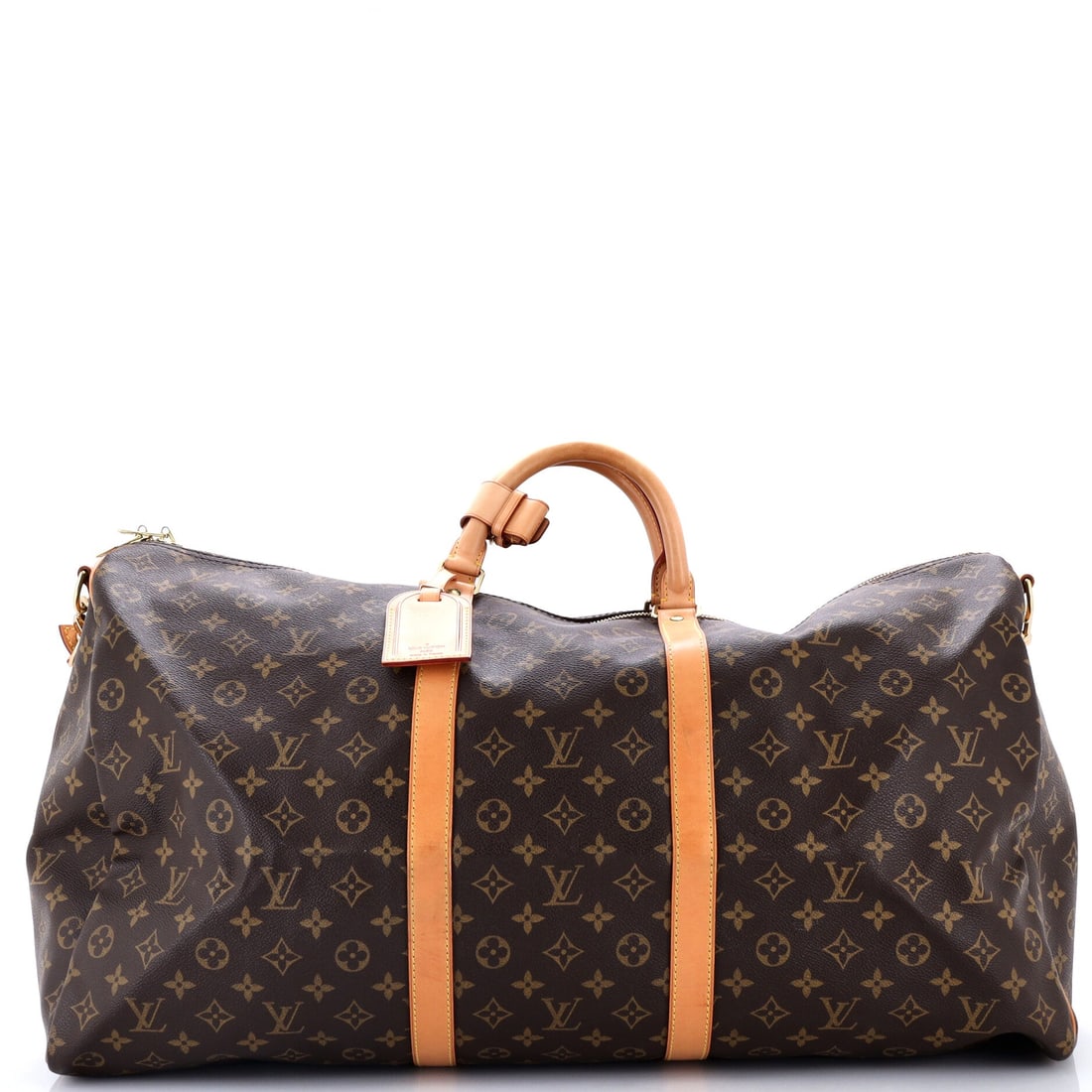 Louis Vuitton Keepall Bandouliere Bag Monogram Canvas: Low-slung and long, the Keepall sits like a cylinder pressed flat at the base, which is why it packs like a duffel and stands like a case. It stands 23 in wide x 13 in high x 10 in deep, true weekende